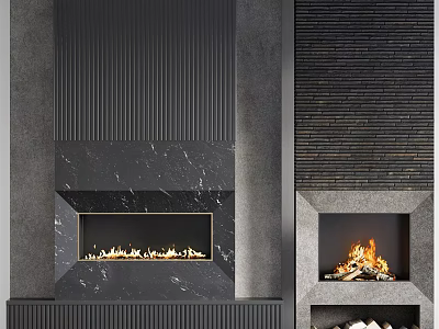 Modern And Traditional Fireplace Designs With Black Marble Flames And Wood Logs 3d model