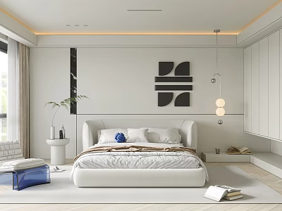 Modern Bedroom Interior With White Bed Wall Art And Pendant Lighting 3d model