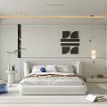 Modern Bedroom Interior With White Bed Wall Art And Pendant Lighting