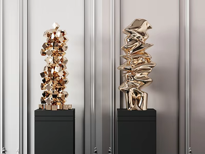 Elegant Abstract Golden Sculptures With Stacked Forms On Black Pedestals In Modern Interior 3d model