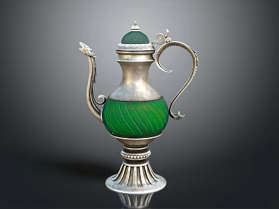 Silver Ornate Teapot With Green Body Decorative Handle Spout And Base For Daily Use 3d model