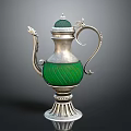 Silver Ornate Teapot With Green Body Decorative Handle Spout And Base For Daily Use