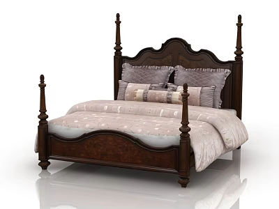 Dark Wood Four Poster Double Bed With Carved Headboard Multiple Pillows And Light Colored Quilt 3d model