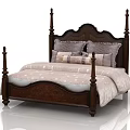 Dark Wood Four Poster Double Bed With Carved Headboard Multiple Pillows And Light Colored Quilt