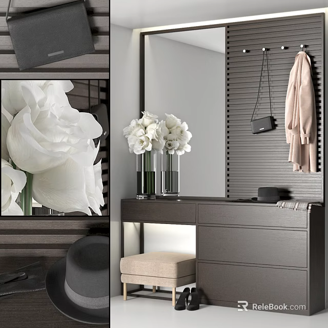 Elegant Modern Dressing Table With White Flowers Vases Beige Stool And Mirror Drawers 3d model 