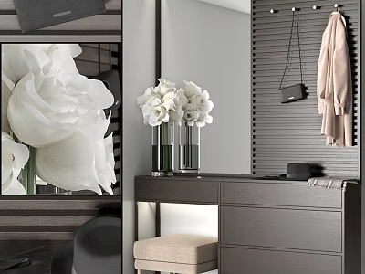 Elegant Modern Dressing Table With White Flowers Vases Beige Stool And Mirror Drawers 3d model