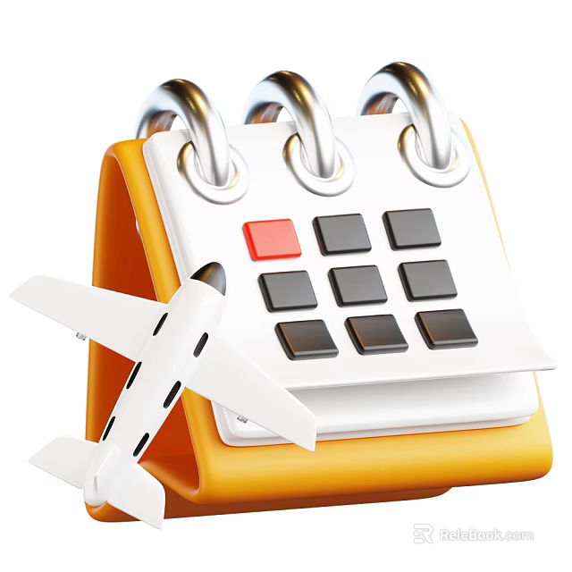 Decorative Ornament Set With Yellow Calendar White Plane Model Red Black Buttons And Silver Rings 3d model 