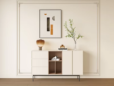 Modern Entryway Cabinet and Sideboard with Drawers Table Lamp Framed Art and Green Plant Vase 3d model