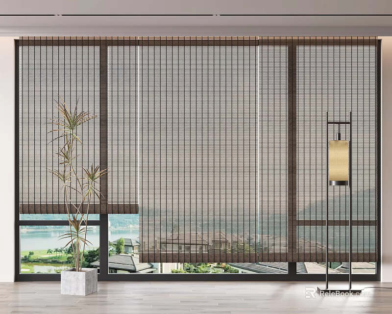 Modern Vertical Striped Curtains for Living Room with Natural Landscape View and Indoor Bamboo Plant 3d model 