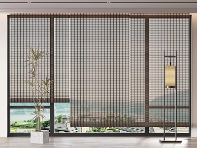 Modern Vertical Striped Curtains for Living Room with Natural Landscape View and Indoor Bamboo Plant 3d model