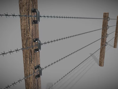Wooden Post Barbed Wire Fence Design For Security And Boundary Use 3d model