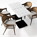 Stylish Dining Table Set With Black Base Patterned Top And Wicker Back Chairs 3d model