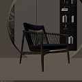 Leisure Chair with Walnut Wooden Frame Woven Armrests and Navy Blue Cushion in Modern Living Room Decor
