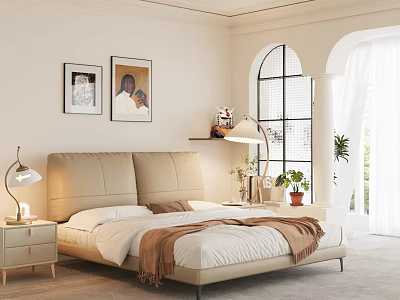 Modern Bedroom Interior With Beige Headboard Arched Window And Wall Paintings 3d model