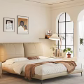 Modern Bedroom Interior With Beige Headboard Arched Window And Wall Paintings