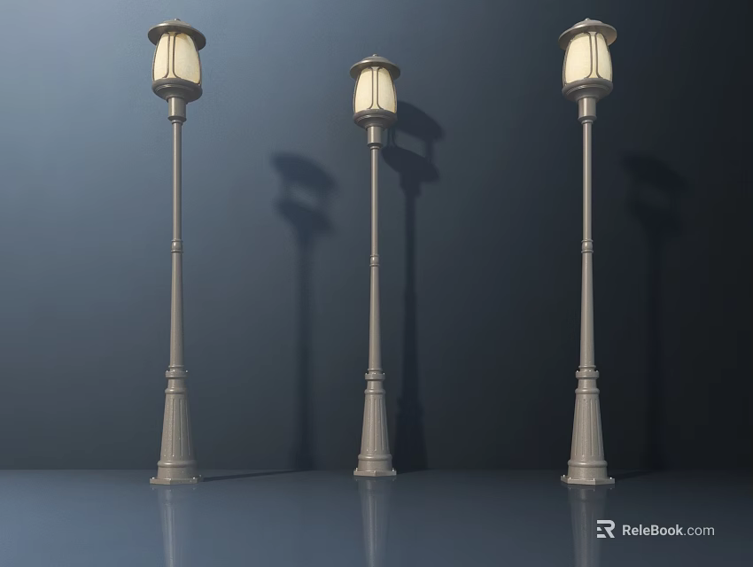 Classic Outdoor Lights With Metal Poles And Illuminated Lamps For Garden 3d model 
