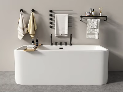 Modern White Freestanding Bathtub in Minimalist Bathroom with Towel Rack and Bath Products 3d model