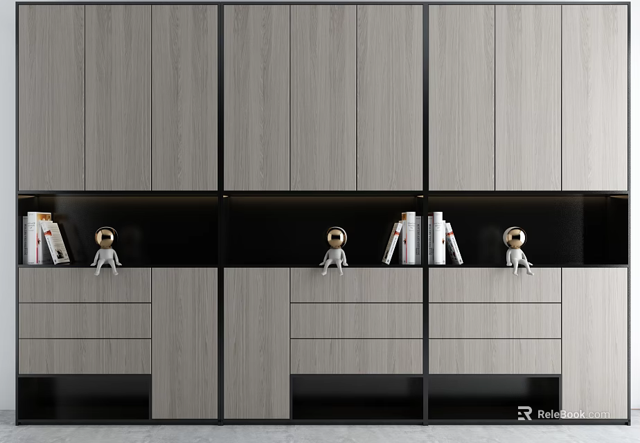 Modern Gray Black Decorative Cabinet With Wood Grain Panels Drawers And Shelf Books Figurines 3d model 