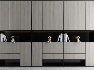 Modern Gray Black Decorative Cabinet With Wood Grain Panels Drawers And Shelf Books Figurines 3d model