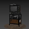 Vintage Television Set On Wheeled Wooden Cart With Small Items Below