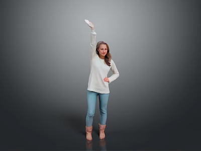Woman Wearing White Top Blue Jeans Brown Boots Raising Right Hand Against Gray Background 3d model