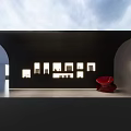 Modern Office Corridor Interior With Arched Design Recessed Lighting And Red Accent Chair