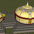 Golden Traditional Yurts with Ornate Decorations under Blue Sky on Grassland