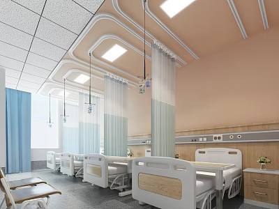 Hospital Outpatient Ward With Beds Curtains And Lighting 3d model