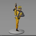Character In Yellow And Black Outfit With Crown In One Legged Stance On White Base