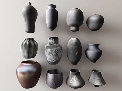 Assorted Dark Toned Ceramic Vessels With Various Shapes And Textured Surfaces 3d model