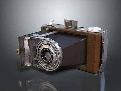 Vintage Digital Camera With Open Design Brown Leather Case And Metal Lens 3d model