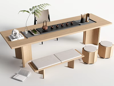 Modern Wooden Tea Table with Matching Chairs Stools Bench Tea Set and Potted Plant 3d model