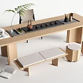 Modern Wooden Tea Table with Matching Chairs Stools Bench Tea Set and Potted Plant