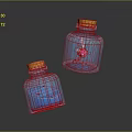 Household Transparent Bottles with Orange Caps Blue Liquid and Pink Suspended Decoration