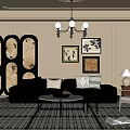 Elegant Living Dining Room Interior With Black Sofa Armchairs Coffee Table Chandelier And Geometric Rug