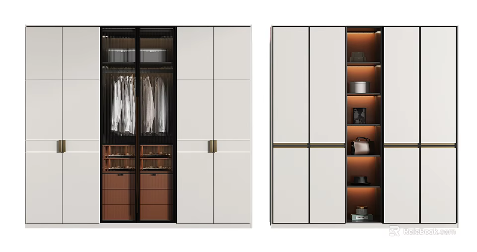 Modern Wardrobe Design With White Cabinetry Glass Doors Drawers Hanging Space And Open Shelves 3d model 