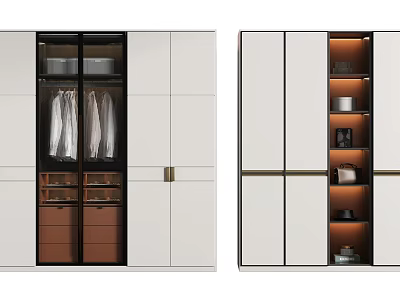 Modern Wardrobe Design With White Cabinetry Glass Doors Drawers Hanging Space And Open Shelves 3d model