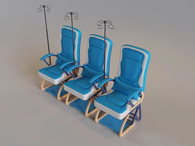 Three Blue Medical Infusion Chairs With Stands For Hospital Patient Use 3d model