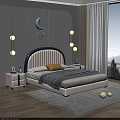 Blue and White Tufted Double Bed with Upholstered Headboard Yellow Cushion Gray Blanket and Pendant Lights