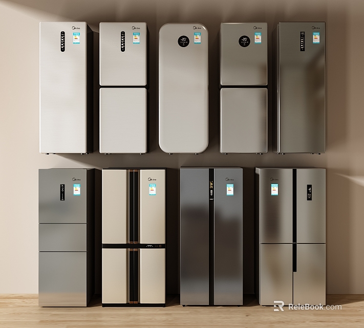 Various Styles Of Modern Refrigerators And Freezers With Metallic Finish And Different Door Configurations 3d model 