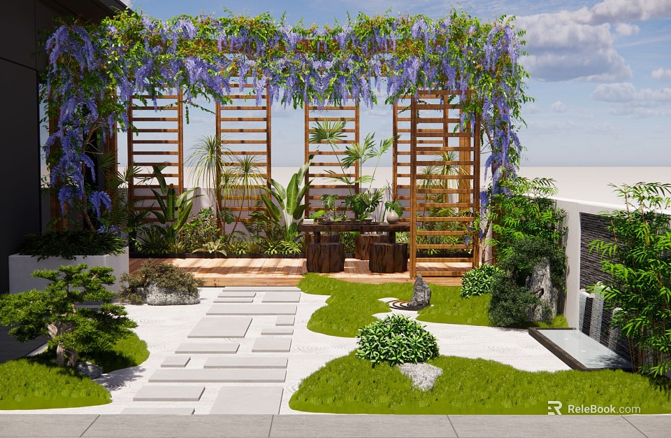 Roof Garden Design With Wisteria Covered Wooden Pergola Stone Pathway And Green Lawn 3d model 