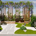 Roof Garden Design With Wisteria Covered Wooden Pergola Stone Pathway And Green Lawn
