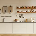 White Cabinets In Modern Kitchen With Wooden Shelves Stove Sink Spice Jars And Bowls