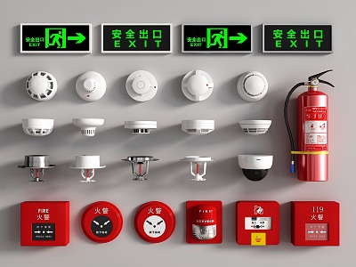 Fire alarm, smoke detector, fire sprinkler, fire extinguisher, safety exit alarm 3d model