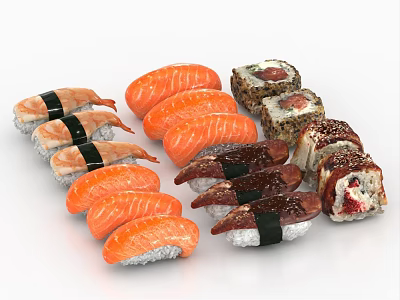 Delicious Assorted Fresh Sushi Platter With Salmon Shrimp Crab And Sesame Rolls 3d model