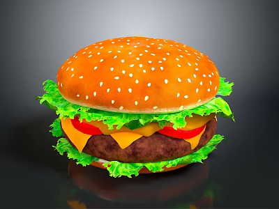 Delicious Juicy Hamburger With Sesame Bun Fresh Lettuce Tomato Slices Melted Cheese And Beef Patty 3d model
