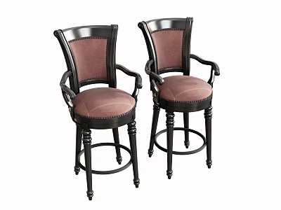 Two Classic Bar Stools With Brown Upholstered Seats Black Legs And Stylish Armrests 3d model