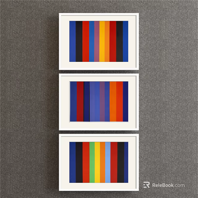 Three Framed Colorful Vertical Stripe Paintings With White Frames On Gray Wall 3d model 