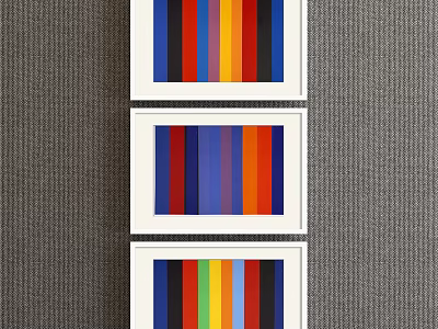 Three Framed Colorful Vertical Stripe Paintings With White Frames On Gray Wall 3d model