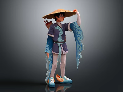 Young Boy In Traditional Outfit With Straw Hat Flowing Blue Sleeves And Colorful Shoes 3d model